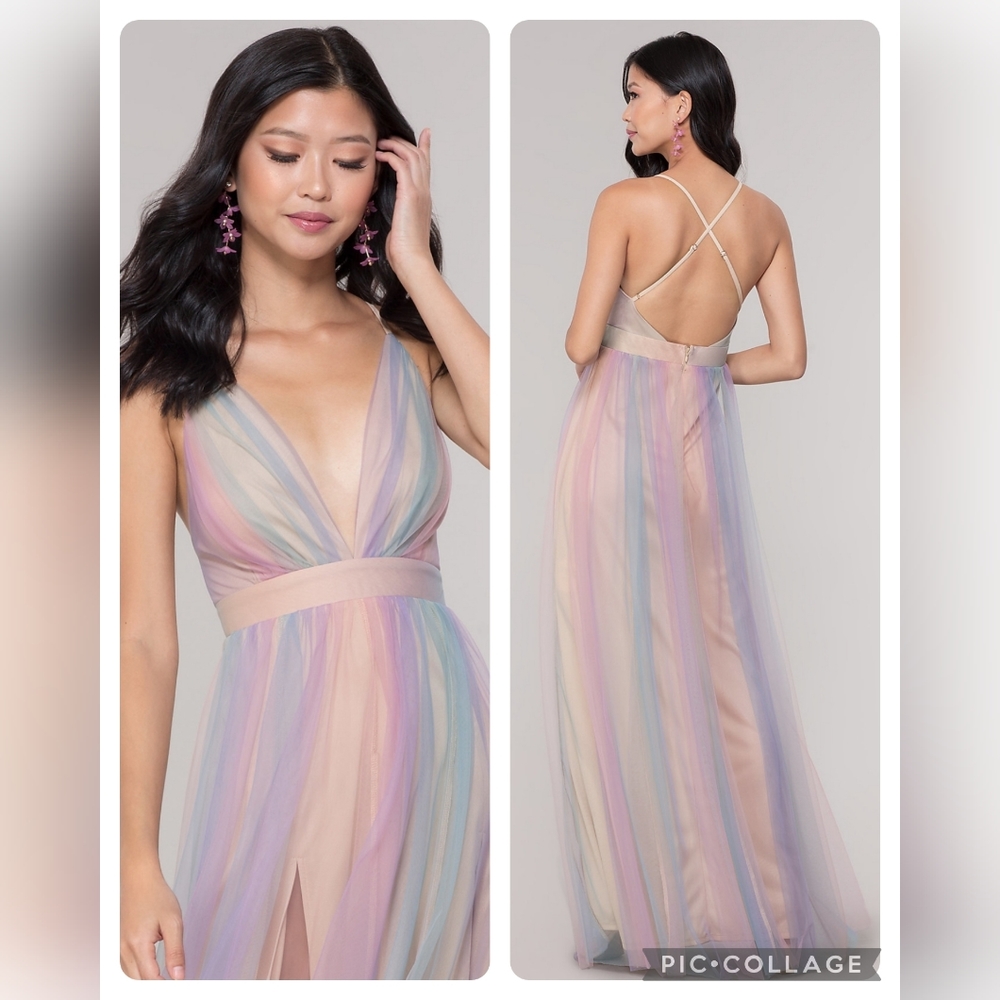 Pastel Ombré Adjustable Cami Strap V-Neck Formal Slit Dress Size Small 2, 4